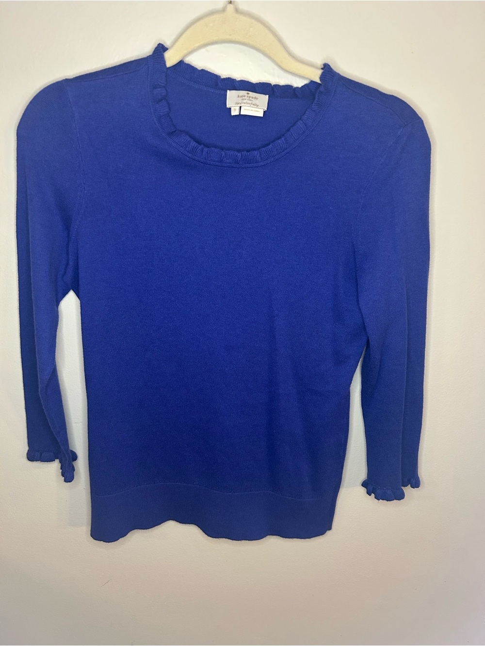 kate spade cobalt blue ruffle-edge knit sweater